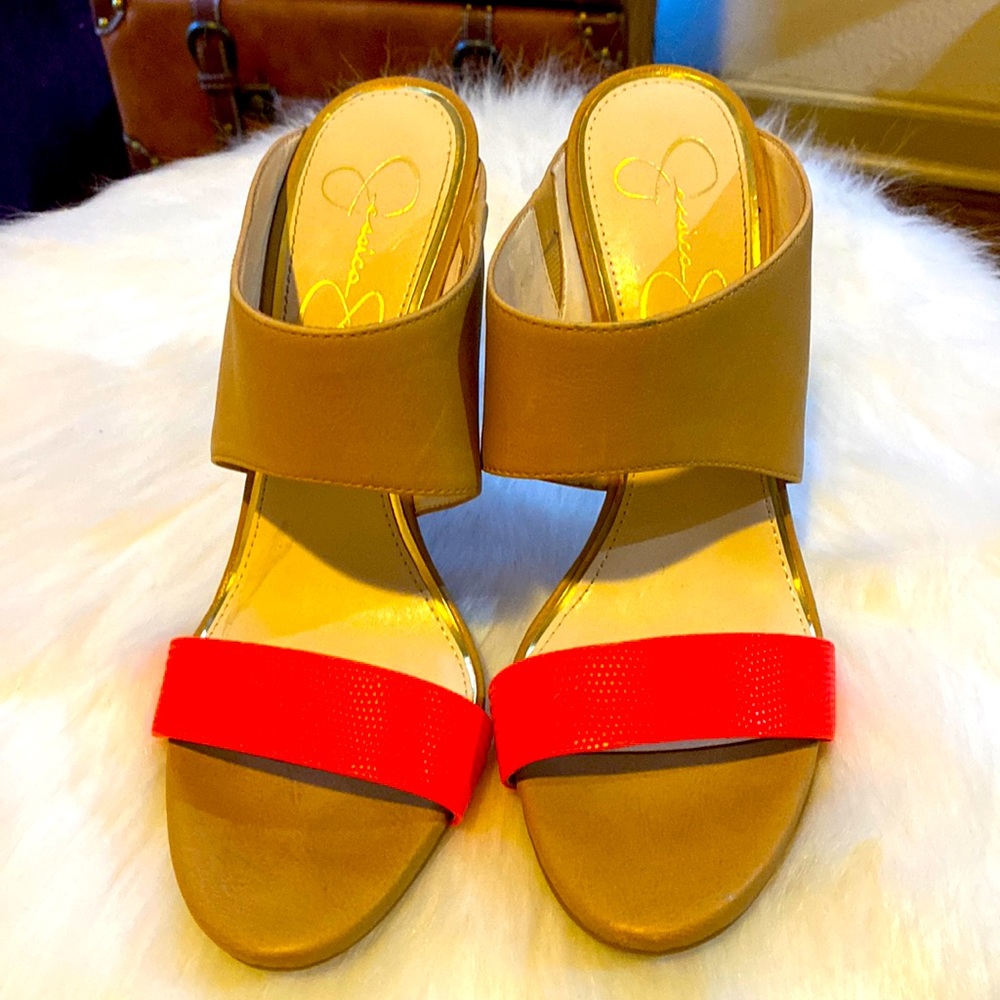 Jessica Simpson brown mules with a neon pink strap